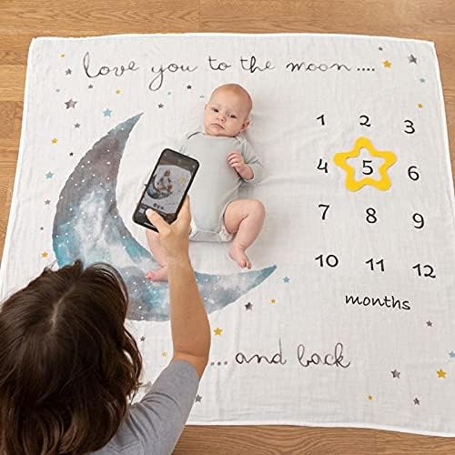 Image of Pondering Pine Organic Baby Monthly Milestone Blanket Boy - Love You to the Moon and Back Blanket for Boys, Growth Chart for 1-12 Months Milestones, Gender Neutral, 47 inchx47 inch