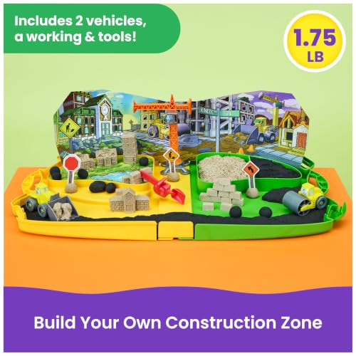 Image of Kinetic Sand Construction Zone, Moldable Play Sand Sensory Toys, Ages 3+ | Build with 2 Toy Trucks, Tools & Working Crane, 1lb Sand & Storage Case, Creative Open-Ended Play, Birthday Gifts for Kids