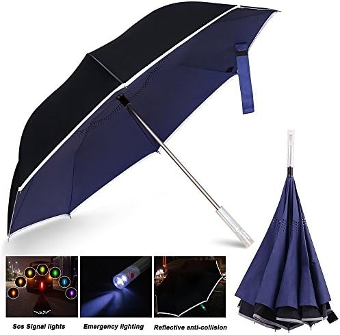 PERETEAE Double Layer Inverted Umbrella with LED Handle, Vehicle Reflective Stripes Cars Reverse Umbrella Folding Safety Rain Umbrella and UV Protection Windproof & Waterproof (SOS Blue)