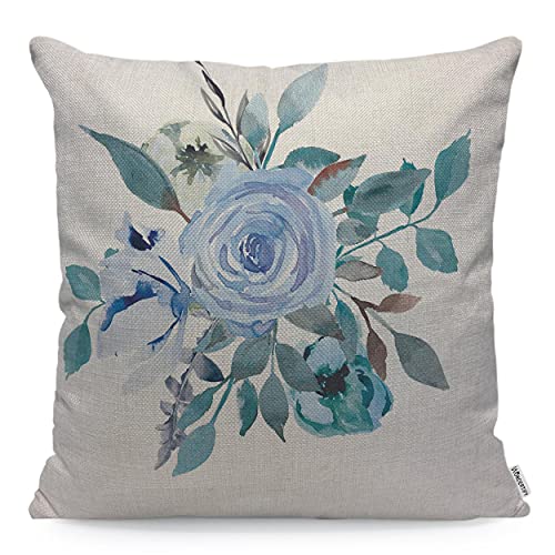 WONDERTIFY Housse de coussin bleu ciel avec motif floral et feuilles 45 x 45 cm Cover