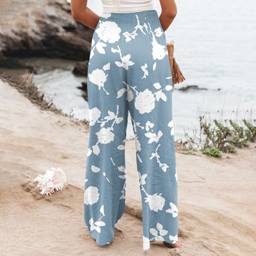 Women's Cotton Linen Elastic High Waisted Palazzo Pants, Boho Floral Wide Leg Beach Pant Trousers with Pockets4