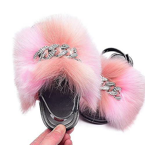Girls Faux Fur Fluffy Slides Sparkle Rhinestone Toddler Furry Slippers Colorful Sandals with Back Strap4