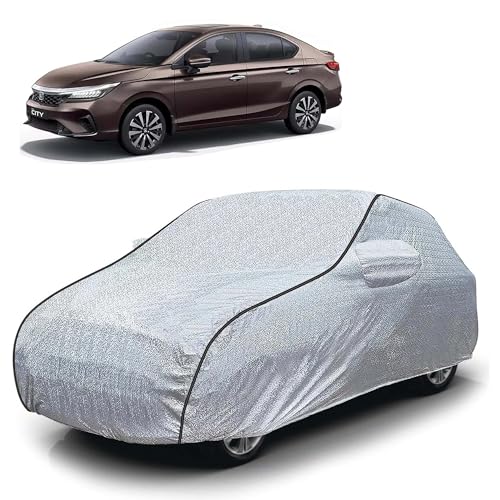 Image of Sulfar 100% Waterproof Car Body Cover Compatible with Mirror for Honda City ZX (Triple Stitched, Full Bottom Elastic, Magic Silver with Black Piping)