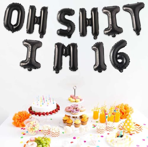 Image of Oh I'm 16! Latex Balloons 16 Inch Black Hallo Sixteen Cheers to 16 Years Old Theme Decor for Man Woman Happy 16 Birthday Party Photo Studio Prop Flag Decorations Favors Supplies