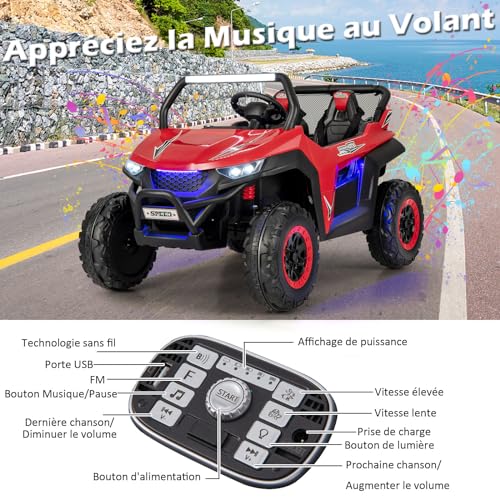 DREAMADE Elektroauto für Kinder, 12 V, 3-8 Jahre, mit Fernbedienung, 2,4 G, elektrisches Quad mit 2 Sitzen, langsamer Start, Soundeffekte, Sicherheitsgurt, Belastung 59 kg, 118 x 74 x 71 cm (rot) – Bild 3