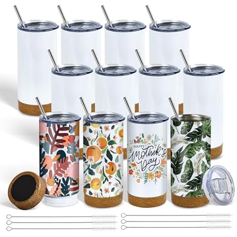 PlanetFlame 12 Pack 17 oz Insulated Sublimation Tumbler Bulk, Stainless Steel Double Wall Cups with Cork Silicone Base & Lid & Metal Straw, White Cover
