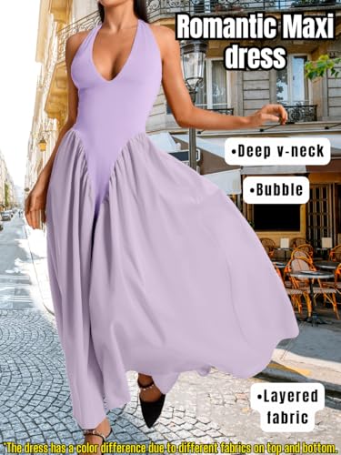 Image of ChiaoLezhee Deep V Neck Dress, Halter Maxi Dresses, Vacation Date Night, Sexy for Women Corset Flowy Wedding Guest Drop Waist