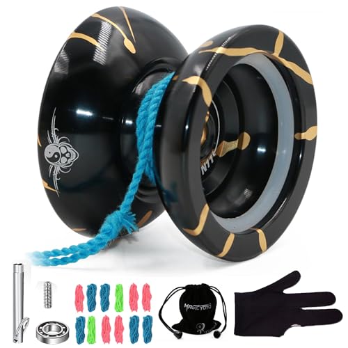 MAGICYOYO Alloy Professional Unresponsive Yoyo N11 yoyo Metal YoYo Ball Bearings with Bag, Glove, 12 Yoyo Strings and Responsive Bearing (Black with Golden)