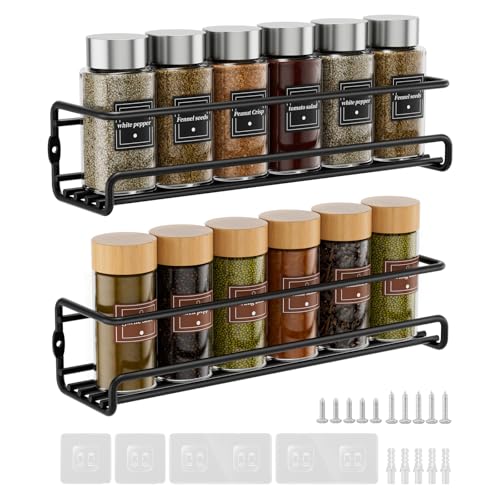 Priksia Wall Spice Rack, Set of 2 Spice Organisers, No Drilling, Hanging Metal Spice Holder with Self-Adhesive and Screws for Spice Jars, Kitchen Cabinet, Pantry Door - Cosy Home Interiors Priksia Wall Spice Rack, Set of 2 Spice Organisers, No Drilling, Hanging Metal Spice Holder with Self-Adhesive and Screws for Spice Jars, Kitchen Cabinet, Pantry Door - Image 9