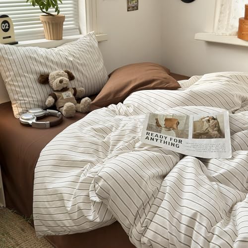 Image of MKXI Twin XL Size Beige Brown Striped Duvet Cover Set - 3 Piece Vintage Aesthetic Bedding, Lightweight Breathable Comforter Cover, Washed Cotton Feel Neutral Bedroom Decor with Zipper Closure