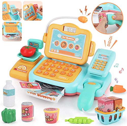 Supermarktladen mit Rechenkasse, Scanner, Scheinkreditkarte, Spielzeuglebensmittel,Spielgeld und Einkaufskorb