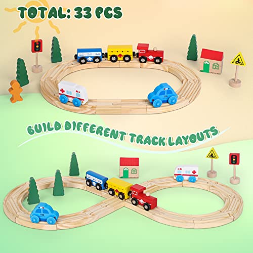 Dexop Wooden Train Set Toys Toddler, 33 Pieces Magnetic Trains Wood Tracks, Train Toy Cars Birthday Gift For 3 4 5 6 Years Old Boys Girls, Wood Train Pack Fits Thomas Brio Melissa And Doug #TOP6