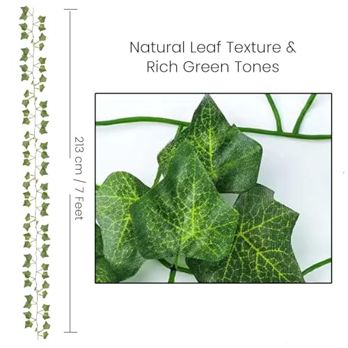 Image of Go Hooked Artificial Hanging Creeper for Home Decor (Pack of 3, 7 Ft) | Green English Ivy Leaf Garland with 4x4 cm, 72 Leaves Each | Plastic Decorative Vine for Balcony, Walls, Garden Decoration