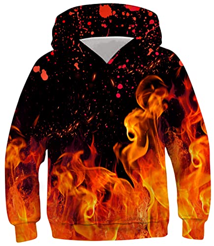 Image of Ahegao Kids Hoodies Orange Flame Sweatshirts for Boys Cool Pullover Size 12 13 14 Years Youth Black Fire Hoodie with Pockets