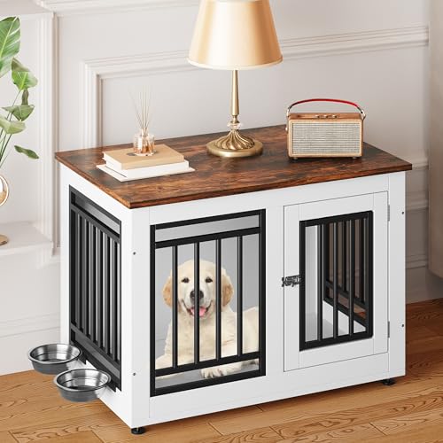 YITAHOME 28" Dog Crate Furniture, Wooden Side End Table with Adjustable Feet and Removable Bowls, Dog Kennel Indoor for Small Dogs - Image 6