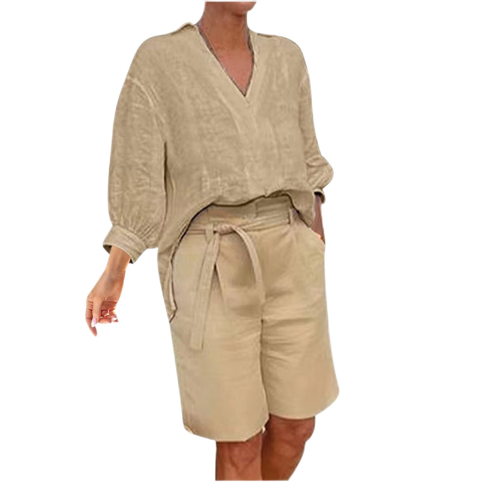 NUSGEAR 2023 Conjunto Dos Piezas Mujer Casual Lino algodón Camiseta manga larga y Pantalones corto Verano Deportivo Traje Suelto Cómodo Conjunto Casa Moda Color sólido Chandal ligera Talla grande