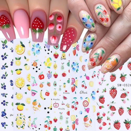 6 Pcs Fruits Nail Stickers for Nail Art Summer, 3D Self-Adhesive Nail Decals with Strawberry Cherry Pattern, Nail Supplies Nail Art Design Accessories for Women and Girls Manicure DIY Decoration