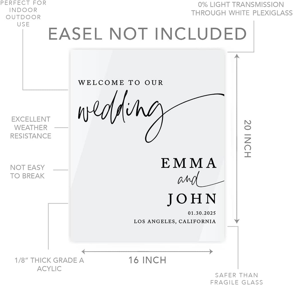 Andaz Press Personalized Welcome To Our Wedding Sign, Minimal Modern 16" x 20" Custom White Acrylic Wedding Welcome Sign for Reception, Ceremony, Easel Stand