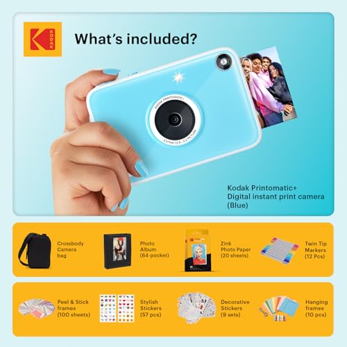 Image of Kodak Printomatic+ Full Color Instant Print Digital Camera Gift Bundle + Case + Zink 2x3 Sticky Back Photo Paper 20pk + Album + Sticker Sets + Sticker Frames + Hanging Frames + Markers - Blue