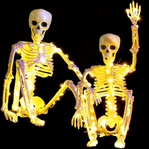 2 Pack 24 Inches Halloween Skeleton LED Light Up Pose-N-Stay Halloween Skeleton Full Body Posable Movable Jonints for Halloween Decoration