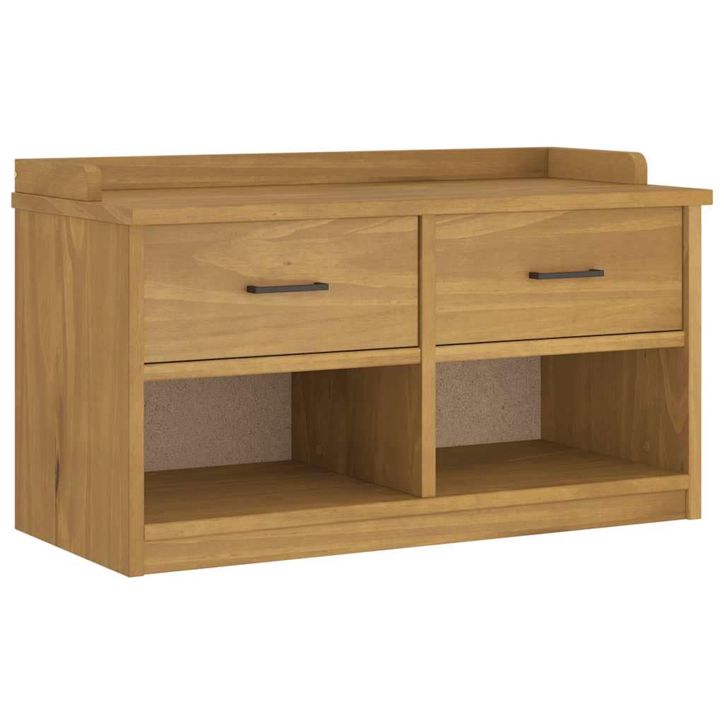 Banc de rangement aspect noyer avec tiroirs et compartiments ouverts
