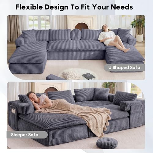 Image of Oversized Cloud Boneless Couch with Chaise, 149 inch Modern U Shape Modular Deep Seat Sectional Sofa, Comfy Corduroy Upholstered Couches for Living Room, No Assembly Required, Dark Grey
