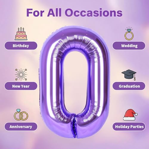 Image of Number Balloons for Birthday Decorations - 40 Inch Large Party Balloons 0, Purple Foil Number Balloons for Boys Girls, Balloons for Party Supplies