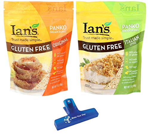 Ians Natural Foods Gluten Free Panko Bread Crumbs, Original and Italian Style, Three 7oz Bags of Each (6 Pack) - with Make Your Day Bag Clip