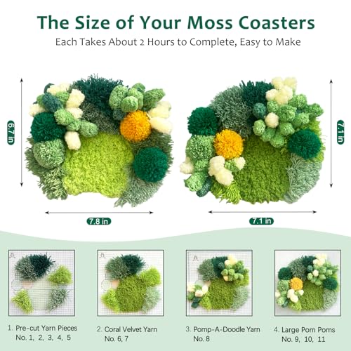 Image of msamiagfn Latch Hook Kits for Adults Beginners with 3D Moss Design Coasters, 2 Pack - DIY Craft Hobbies for Women