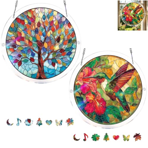 2-Pack Acrylic Puzzle Suncatcher 83 Pieces Moonlit Dragonfly Sun Catchers Puzzle DIY SunCatchers Puzzles Window Hanging Home & Garden Decor (Tree + Hummingbird)