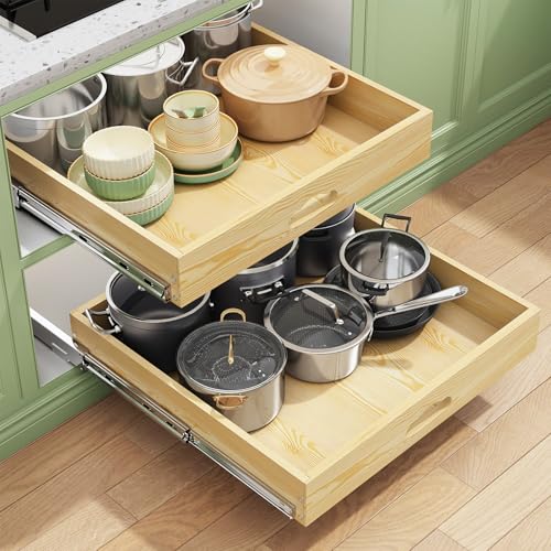 Pull Out Cabinet Organizer, Soft Close Wooden Slide Out Drawers for Pots and Pans, Full-extension Roll Out Shelves for Kitchen Cabinets, Pantry Organization, Bottom & Side Mount(21″W X 21″D x 3.4”H)