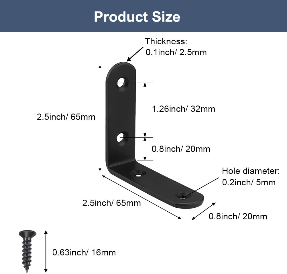 6 Pcs Black L Bracket Corner Braces Stainless Steel 65x65mm Heavy Duty Shelf Bracket for Wood, Shelves, 90 Degree Support Joint Right Angle Brackets