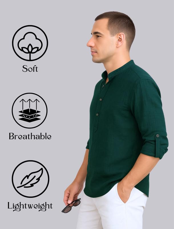 Image of DEEMOON Men's Cotton Blend Solid Regular Fit Full Sleeve Short Kurta | Men's Trendy Short Kurta