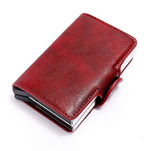 gyx Credit Card Holder Minimalist RFID Blocking Slim Wallet Aluminum Business Card Holder Leather Double Pop Up Card Case with Banknote & ID Window Slim Men and Women Wallet Holds 8-14 Cards & Cash