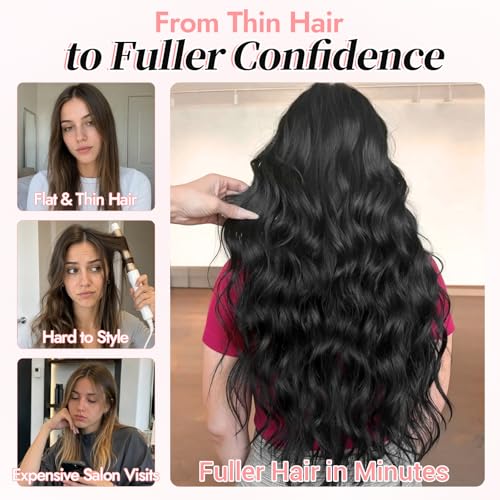Image of KooKaStyle Wavy Thick Clip in Hair Extensions 24 inch Natural Black Pink | Natural Volume & Seamless, 4 Pieces Clip in Extensions,Fiber Double Weft Hairpieces,Wave Long Synthetic Hairpiece for Women