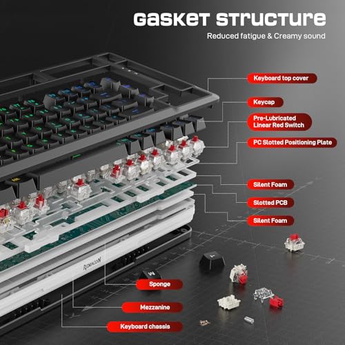 Image of Redragon K713 Wireless Mechanical Keyboard, Gasket Mounted RGB Gaming Keyboard, 3-Mode (2.4G /BT /USB), Pre-Lubed Linear Red Switches, 75％ Layout, 82 Keys Hot Swappable for PC /Mac - Black