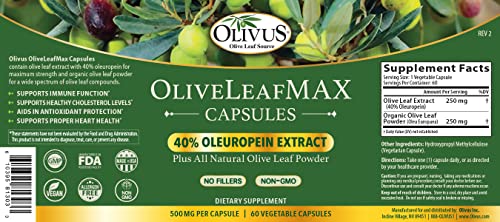 Olivus OLC-MAX60 Oliveleafmax Olive Leaf Extract (40% Oleuroepin) + Organic Olive Leaf Powder + No Fillers + 60 Vegetarian Capsules + Sourced From Spain And Manufactured In Usa At Gmp Facility thumb #1