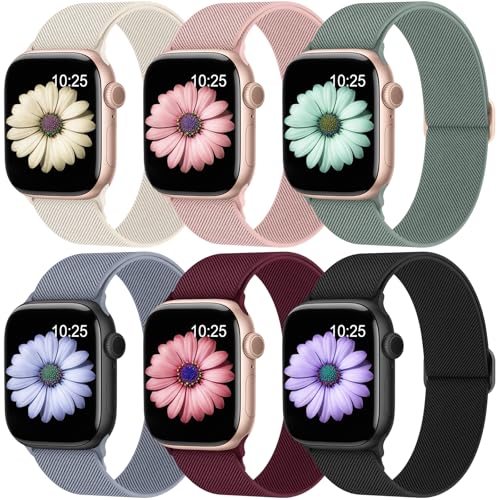 6 Piezas Correas Compatibles con Correa Apple Watch 38mm 40mm 41mm 42mm 44mm 45mm 46mm 49mm Mujer Hombres, Nylon Solo Loop Elástica Deportiva Bracelet iWatch Series 11 10 9 8 7 6 5 4, SE 3,Ajustables