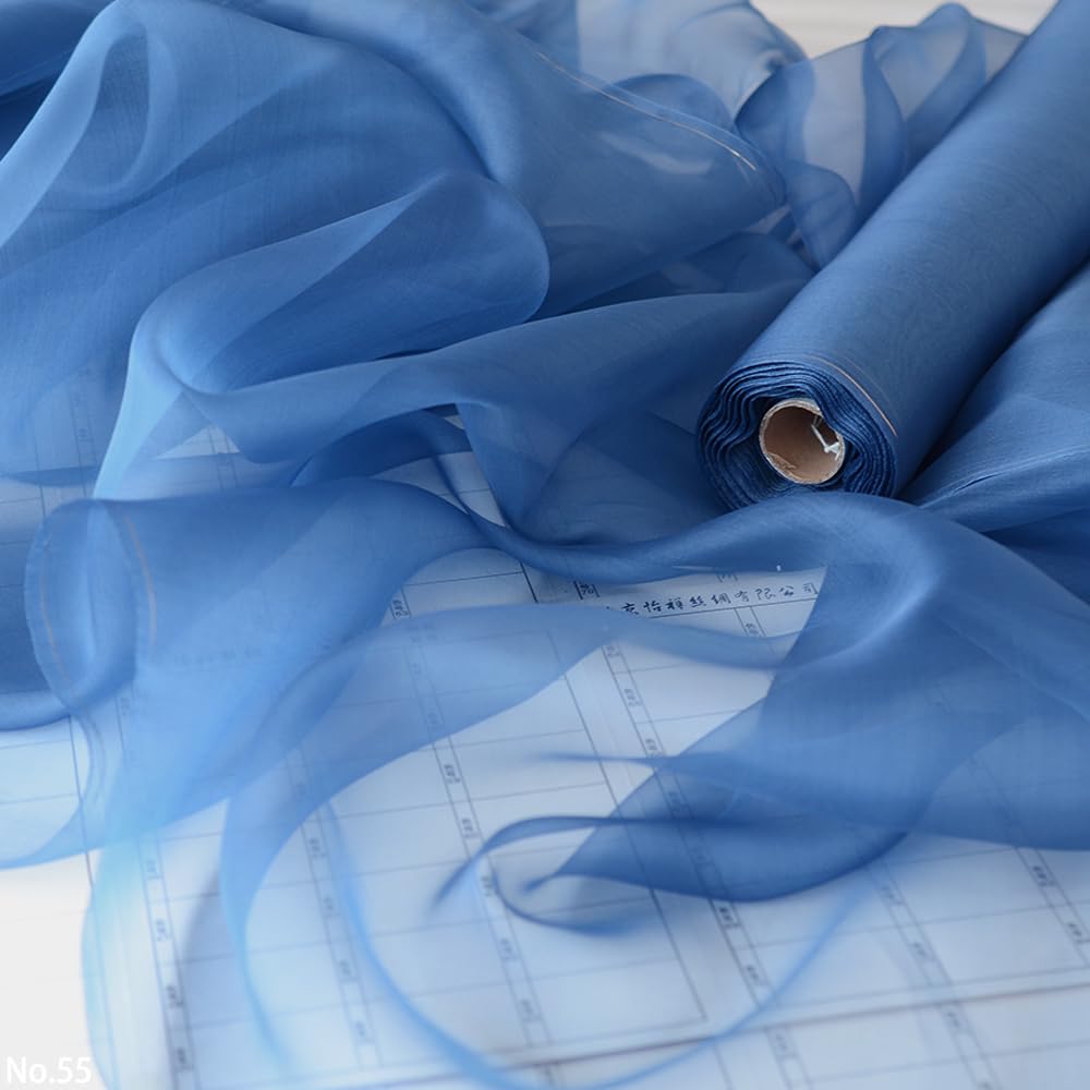 100% Pure Silk Organza, 5 mommes Thick. It is Used for DIY Sewing of Clothes and Wedding Dresses, as Well as Handicraft Production. Width: 44 inches, Length: 1 Yard (55.sea Blue)