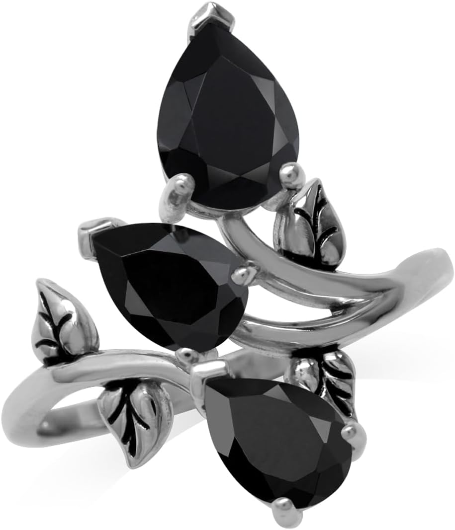 Silvershake 2.85 CTW 3 Stone Natural Black Onyx 925 Sterling Silver Bypass Leaf Vintage Inspired Gemstone Ring Jewelry for Women