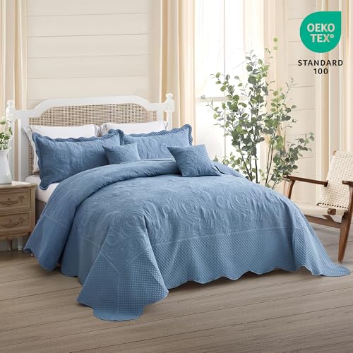 Image of Oversized King Bedspread, Stitched Paisley Quilt Set King /Cal King, Lightweight Reversible Coverlet, Scalloped Edge - Soft Modern Classic Look, 5 Piece, Smokey Blue