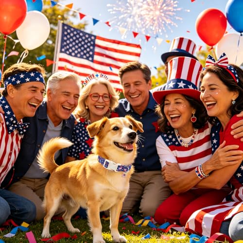 Image of American Flag Dog Collar, 4th of July Cotton Patriotic Pet Collar, Adjustable Durable Quick Release Buckle with Charm for Small Medium Large Dogs
