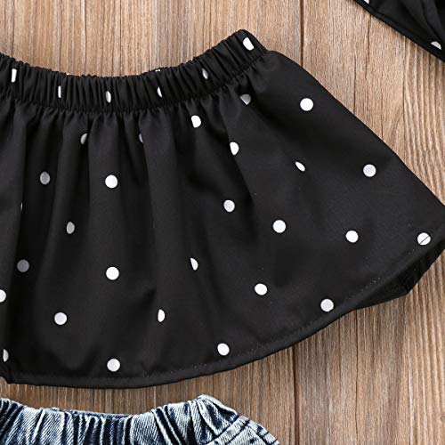 3PCS Baby Girl Off Shoulder Sleeveless Polka Dot Crop Top + Ripped Denim Pants + Headband Sets4