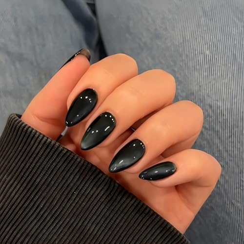 KQueenest Cat Eye Black Press on Nails Medium Almond 30 Pcs Glitter Fake Nails Medium Stiletto Sparkly Bling Black Nails Press on Reusable Shiny Soft Gel Stick on Nails for Women Goth Manicure