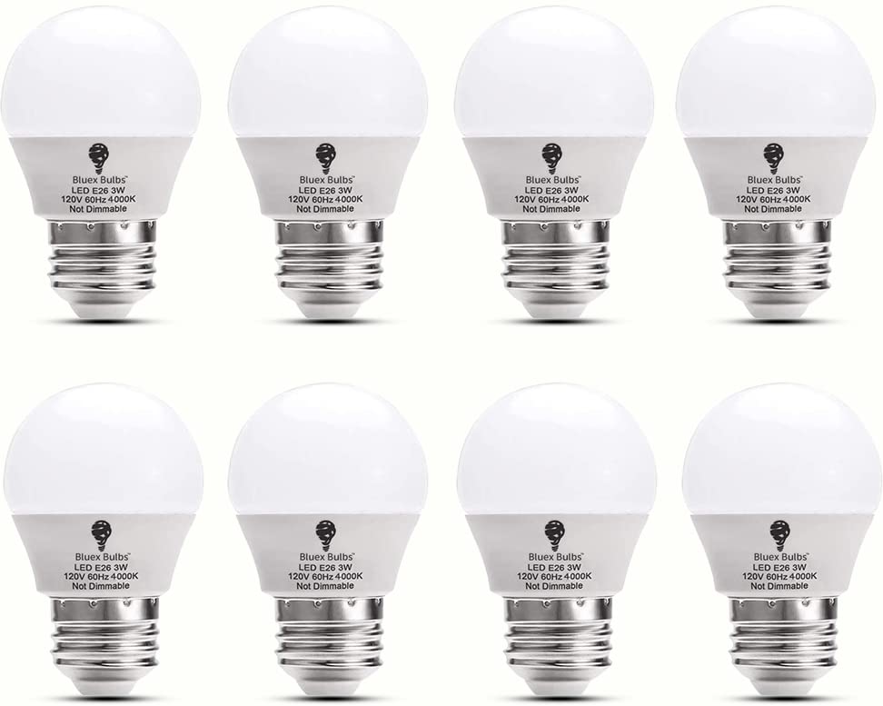 Bluex Bulbs 8 Pack BlueX 3W G14 LED Light Bulb 4000K Cool White - 25W Equivalent - E26 Base 120V - Small Night Light Bulbs for Bedroom, Ceiling Fan,