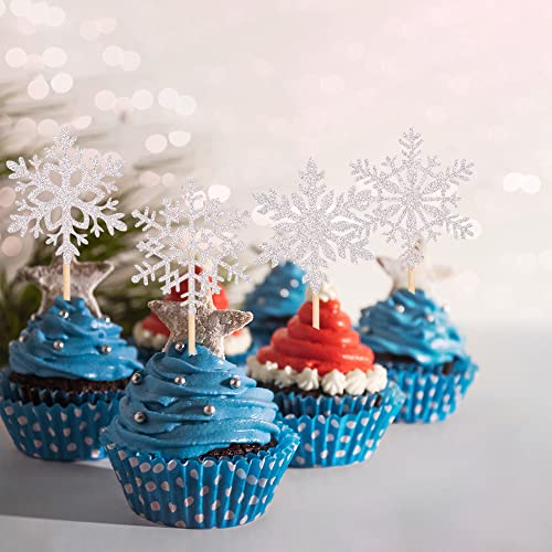 24 Pcs Snowflake Cupcake Toppers Glitter Winter Theme Snowflake Cupcake Picks Baby Shower Kids Birthday Christmas Party Cake Decorations Supplies Silver #TOP5