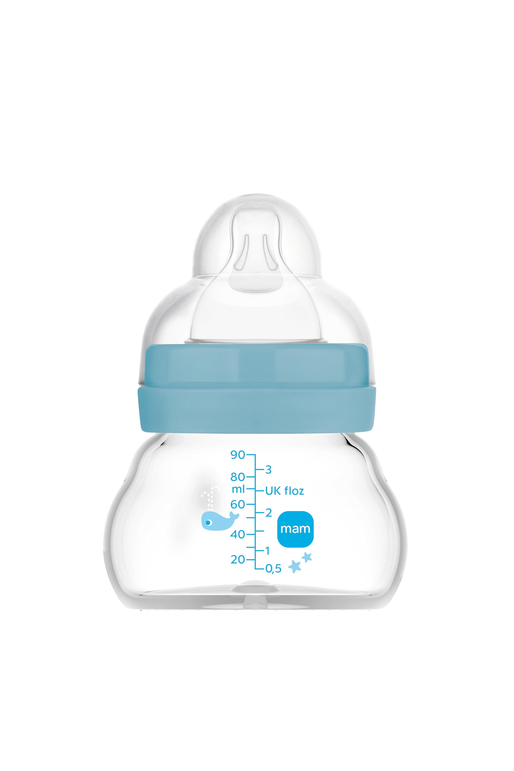 MAM Glasflasche, für Neugeborene, 0 Monate, 90 ml, mit Sauger 0, extra langsamer Fluss aus Silikon, leicht anzunehmen, leicht zu reinigen, Feel Good, Blau, 1 Stück