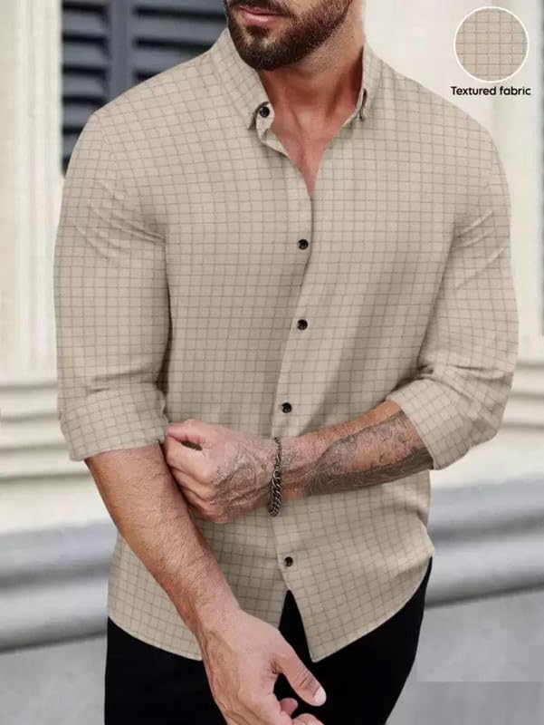 Image of DEELMO Men's Regular Fit Button Down Dress Shirts Textured Long Sleeve Casual Hawaiian Shirt