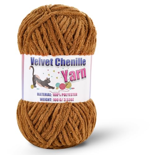 Image of Fluffy Chenille Yarn for Crocheting, Chunky Velvet Yarn for Crochet Amigurumi, Used for Making Baby Yarns Blanket, Clothes, Pattern Knitting Creations (1-Coffee)