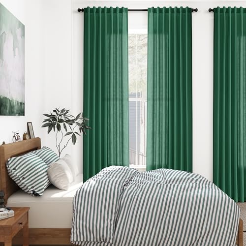 Image of Nanspring Linen Curtains 84 Inch Long for Living Room Back Tab Dark Green